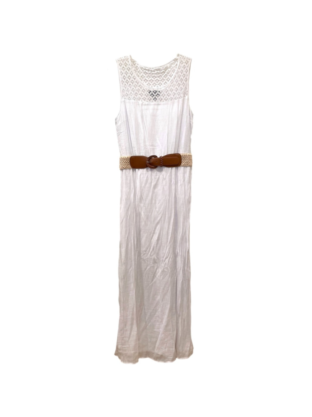 AB Studio Womens Size Large Belted White Gauzy Maxi Dress Lace Accent Beach